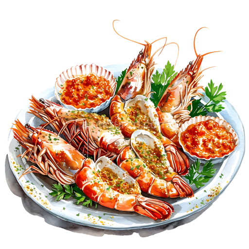 Grilled Seafood Platter with Romesco Sauce and Herbs Breakfast Graphic