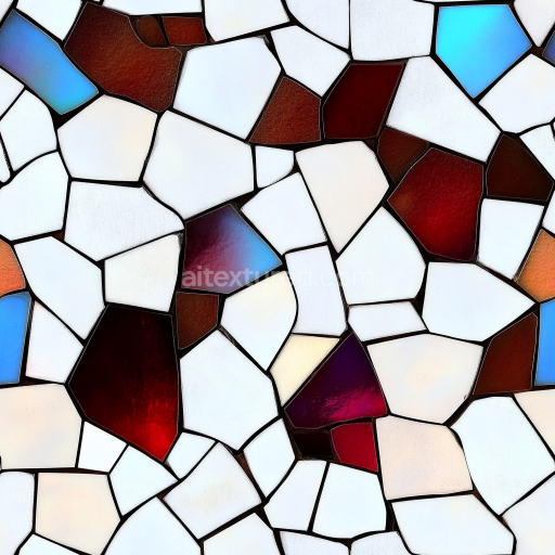 Seamless 3D Mosaic PBR Texture Featuring Glossy Stained Glass and White Ceramic Shards texture preview