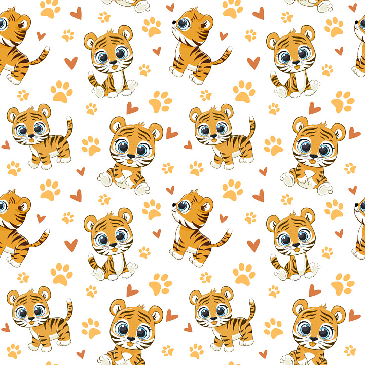 Pattern with Adorable Cartoon Tiger Cubs and Playful Motifs seamless PBR texture preview