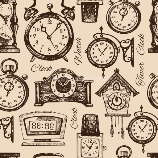 Seamless 3D PBR Vintage Clock Pattern Texture with Hand-Drawn Timepieces