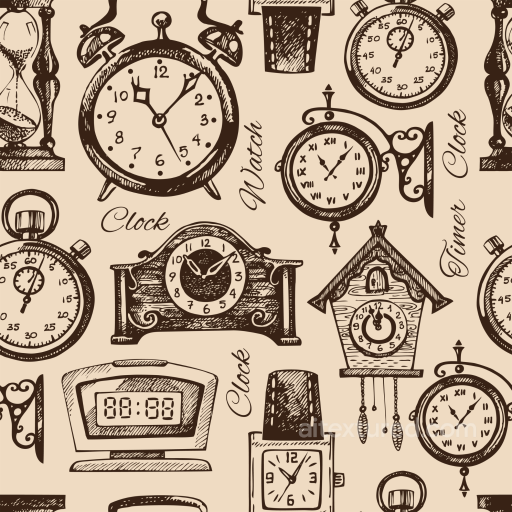 Vintage Clock Pattern Texture with Hand-Drawn Timepieces seamless Vintage Scrapbook PBR texture