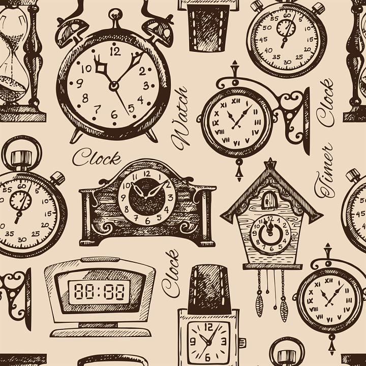 Vintage Clock Pattern with Hand-Drawn Timepieces seamless PBR texture preview