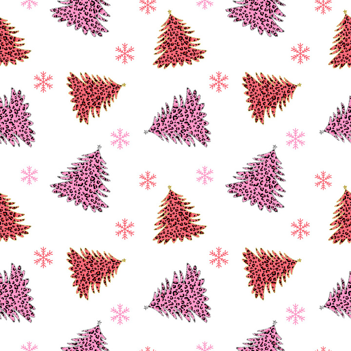 Pattern with Leopard Print Christmas Trees and Snowflakes seamless PBR texture preview