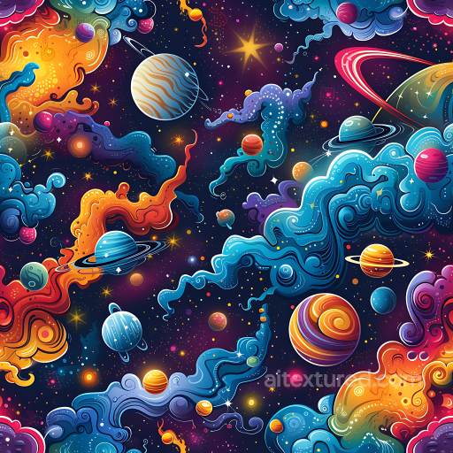 Space PBR Texture Featuring Colorful Nebulae and Stylized Planets seamless Star, space, planets PBR texture