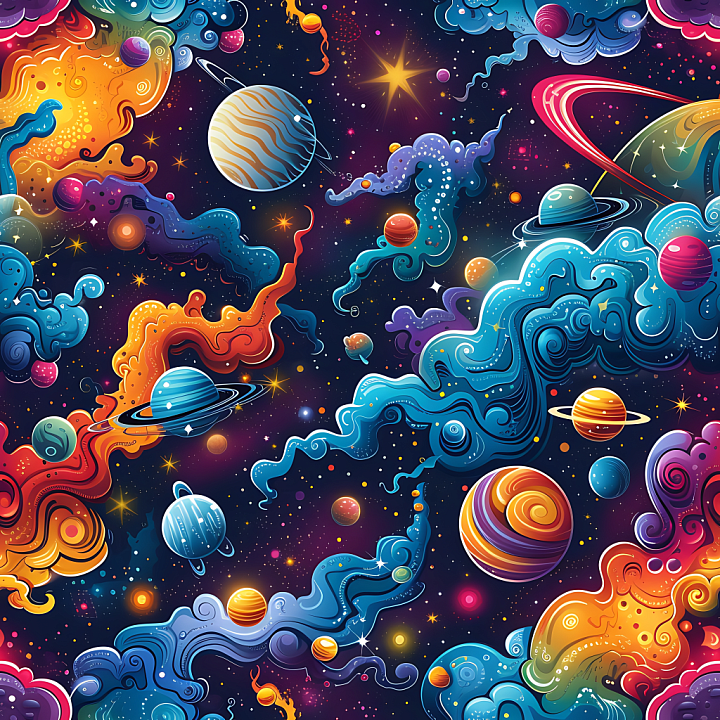 Space Featuring Colorful Nebulae and Stylized Planets seamless PBR texture preview