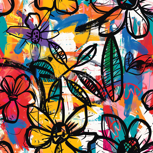 Seamless 3D PBR Texture of Vibrant Floral Graffiti with Abstract Color Blocks
