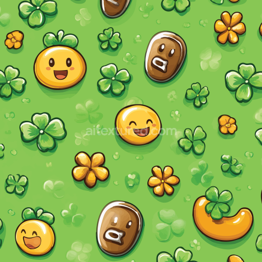Seamless 3D PBR Texture with Cartoon Clover and Smiling Gold Tokens