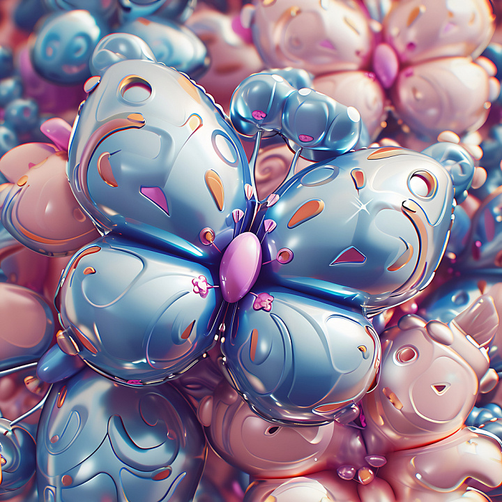 Inflated with Metallic Blue and Pink Butterfly Motifs seamless PBR texture preview