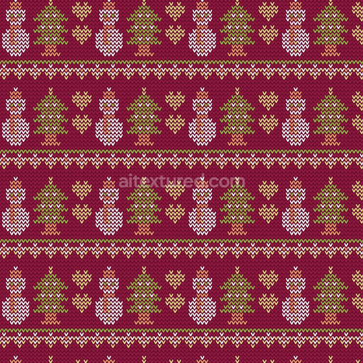 Seamless 3D PBR Knitted Fabric Texture with Christmas Trees and Snowmen Pattern
