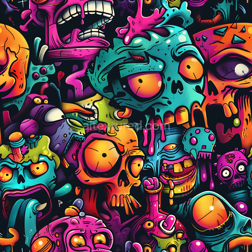Seamless 3D PBR Texture Featuring Vivid Multicolor Graffiti with Cartoon Skulls and Urban Art
