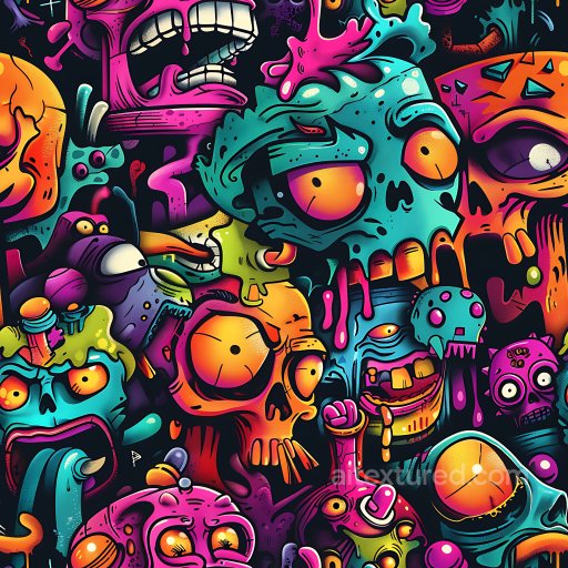 Seamless 3D PBR Texture Featuring Vivid Multicolor Graffiti with Cartoon Skulls and Urban… texture preview