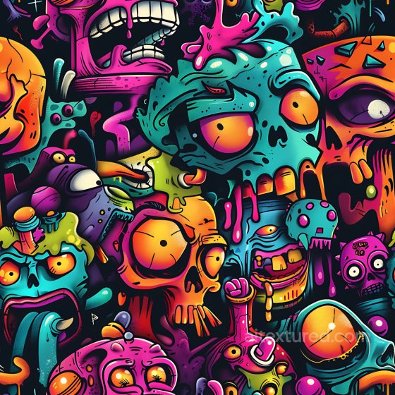 Featuring Vivid Multicolor Graffiti with Cartoon Skulls and Urban Art Graffiti texture preview