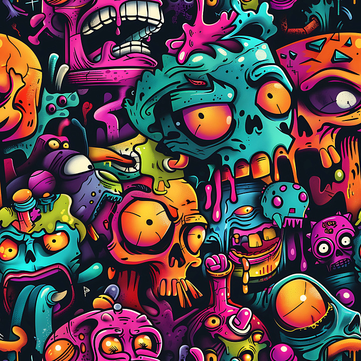 Featuring Vivid Multicolor Graffiti with Cartoon Skulls and Urban Art seamless PBR texture preview