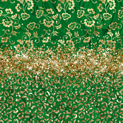 Seamless 3D PBR Green Fabric Texture Featuring Gold Floral and Glitter Details