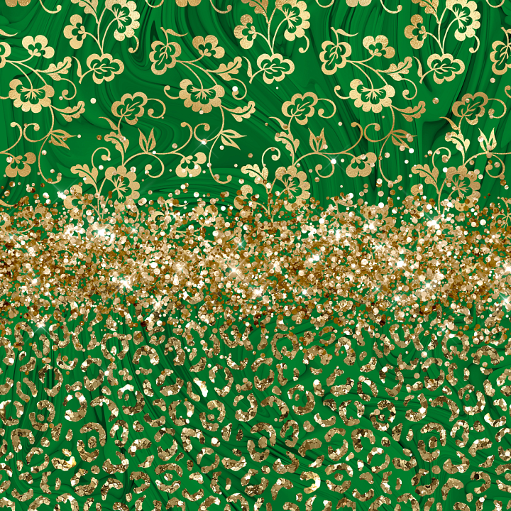 Green Fabric Featuring Gold Floral and Glitter Details seamless PBR texture preview