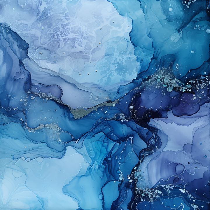 Alcohol Ink of Blue Fluid Waves with Silver Accents seamless PBR texture preview