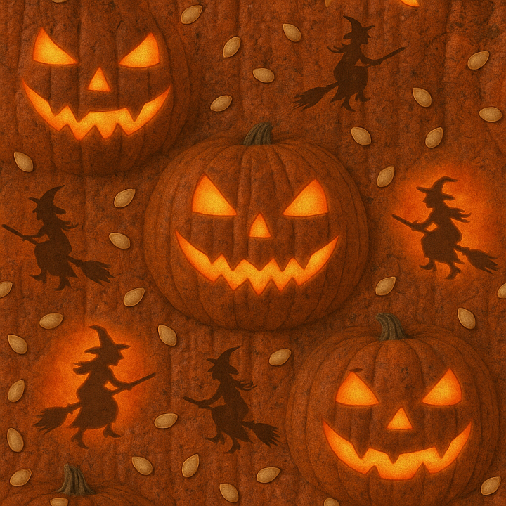 Pumpkin Skin With Spooky Shadows And Glowing Eyes Effect seamless PBR texture preview