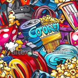 seamless Seamless 3D PBR Graffiti Texture Featuring Vibrant Popcorn and Street Art Elements texture 8k free download PBR