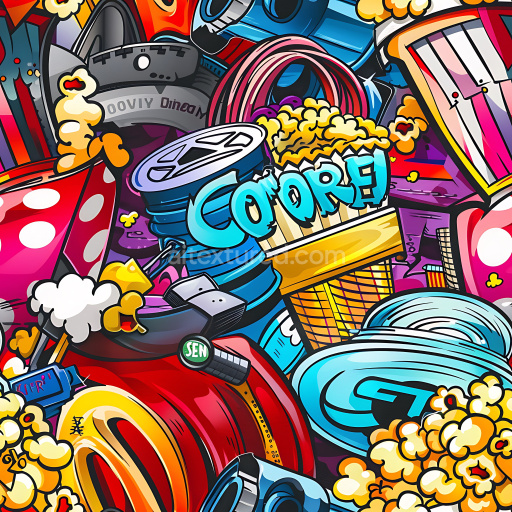 Seamless 3D PBR Graffiti Texture Featuring Vibrant Popcorn and Street Art Elements