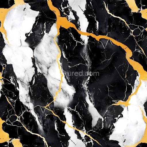 Seamless 3D Black and White Marble PBR Texture with Bold Gold Veins and Polished Matte Finish