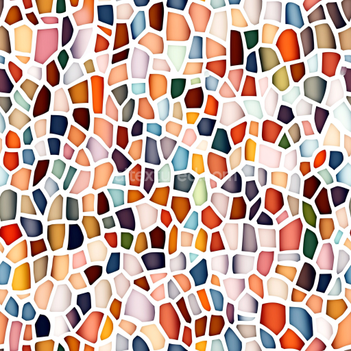 Seamless 3D mosaic PBR texture featuring multicolor irregular ceramic tiles with white gr… texture preview
