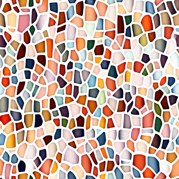 Mosaic Featuring Multicolor Irregular Ceramic Tiles With White Grout seamless PBR texture preview