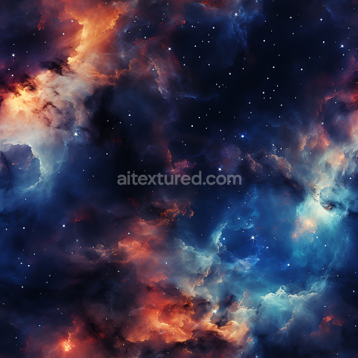 Seamless 3D PBR Space Texture Featuring Vibrant Nebula Clouds with Fiery Oranges and Deep Blues