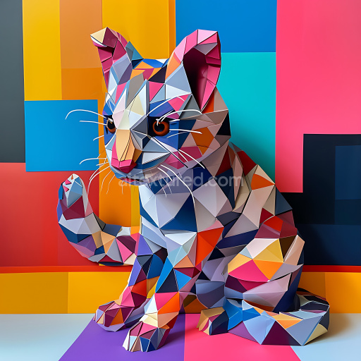 Seamless 3D PBR Texture of Low-poly Geometric Cat Pattern in Bright Multicolor