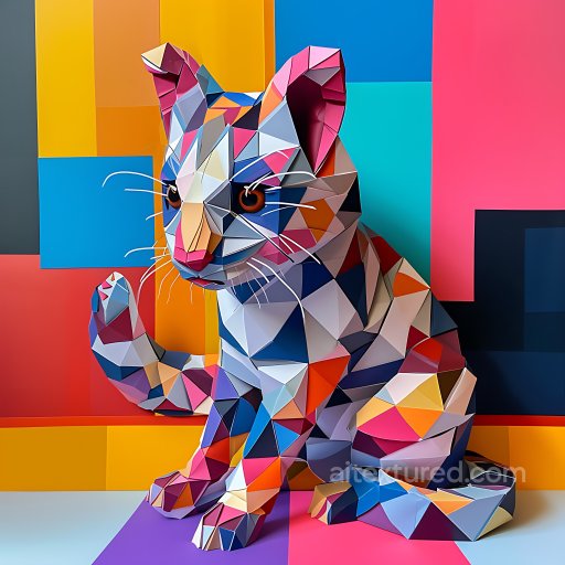 Animal - Seamless 3D PBR Texture of Low-poly Geometric Cat Pattern in Bright Multicolor texture preview