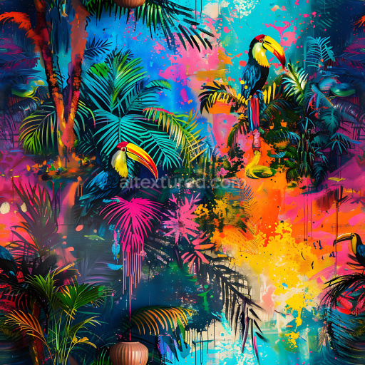 Seamless 3D PBR Graffiti Texture Featuring Tropical Toucan and Vibrant Neon Foliage