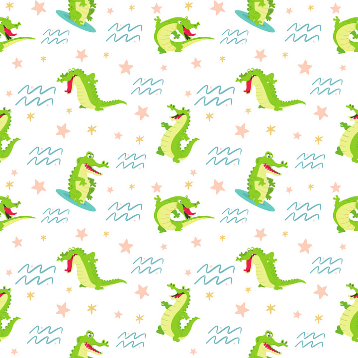 Pattern with Playful Cartoon Crocodiles and Nautical Motifs seamless PBR texture preview