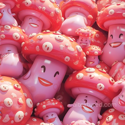 Inflated PBR Texture of Glossy Pink Rubber Mushrooms with Playful Faces seamless Inflated PBR texture