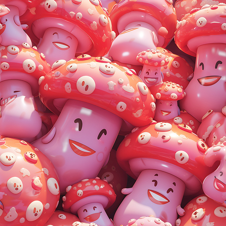 Inflated of Glossy Pink Rubber Mushrooms with Playful Faces seamless PBR texture preview