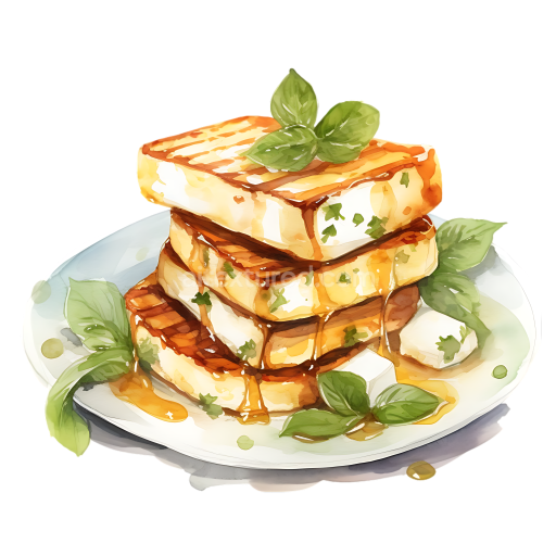 Grilled Halloumi Cheese Breakfast Stack with Fresh Herbs Watercolor Illustration