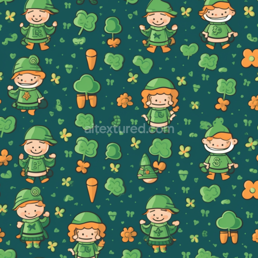 Seamless 3D PBR Texture Featuring Cartoon St Patrick Characters and Shamrocks