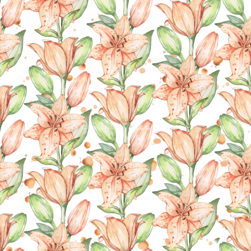 Seamless 3D PBR Wild Flower Texture with Hand-Painted Peach Lilies and Green Leaves