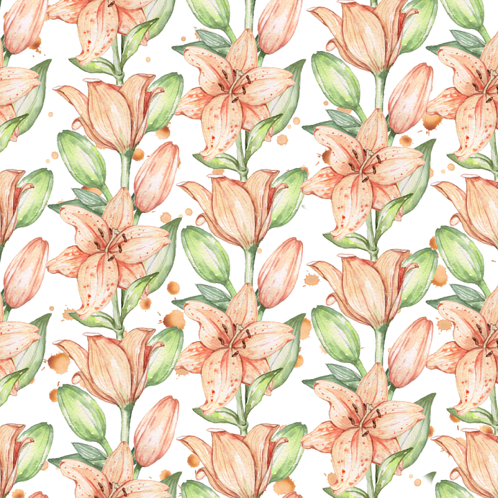 Wild Flower with Hand-Painted Peach Lilies and Green Leaves seamless PBR texture preview