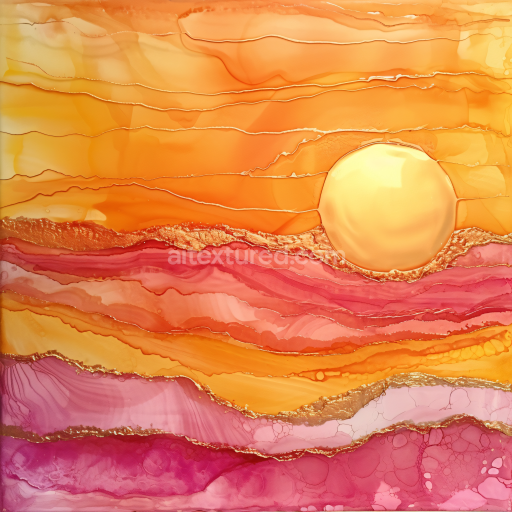 Seamless 3D Alcohol Ink PBR Texture Featuring Warm Sunset Hues and Gold Vein Accents