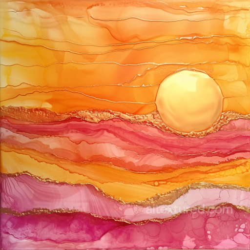 Alcohol Ink PBR Texture Featuring Warm Sunset Hues and Gold Vein Accents seamless Alcohol ink PBR texture