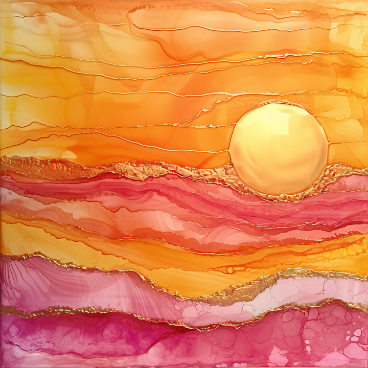Alcohol Ink Featuring Warm Sunset Hues and Gold Vein Accents seamless PBR texture preview