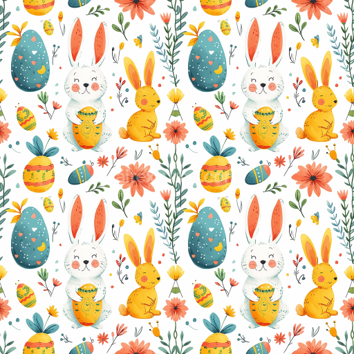 Seamless 3D PBR texture with playful Easter bunnies, eggs, and spring florals