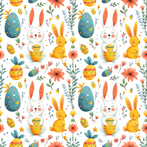 With Playful Easter Bunnies, Eggs, And Spring Florals seamless All Easter Digital paper PBR texture