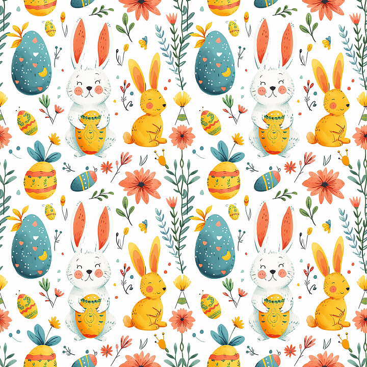 With Playful Easter Bunnies, Eggs, And Spring Florals seamless PBR texture preview