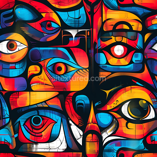 Seamless 3D PBR Graffiti Texture Featuring Vibrant Eyes and Abstract Urban Shapes