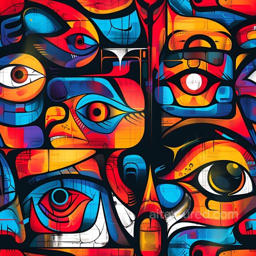 Seamless 3D PBR Graffiti Texture Featuring Vibrant Eyes and Abstract Urban Shapes texture preview