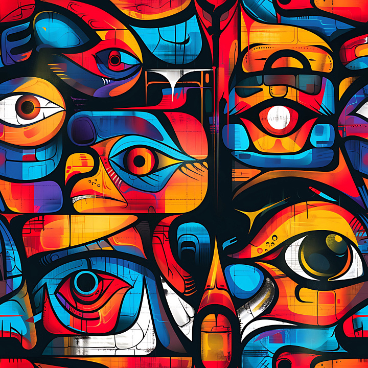 Graffiti Featuring Vibrant Eyes and Abstract Urban Shapes seamless PBR texture preview