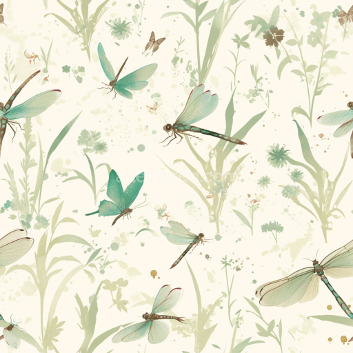 Seamless 3D PBR Dragonfly Texture Featuring Watercolor Greenery and Insects