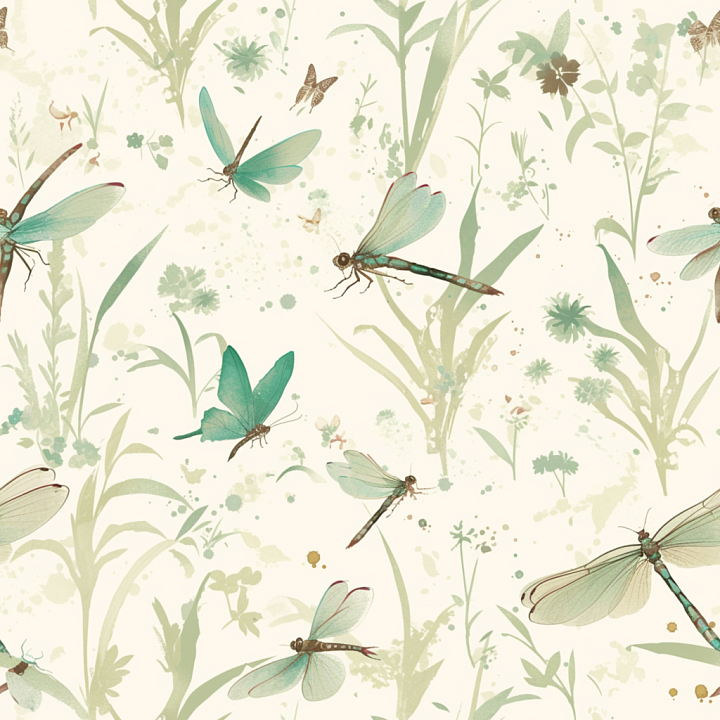Dragonfly Featuring Watercolor Greenery and Insects seamless PBR texture preview