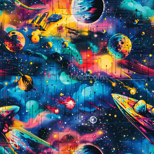 Seamless 3D PBR Texture Featuring Vibrant Space-Themed Graffiti Artwork