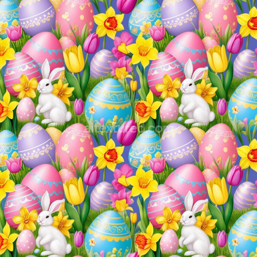 Seamless 3D PBR Texture Featuring Colorful Easter Eggs, Tulips & Bunnies